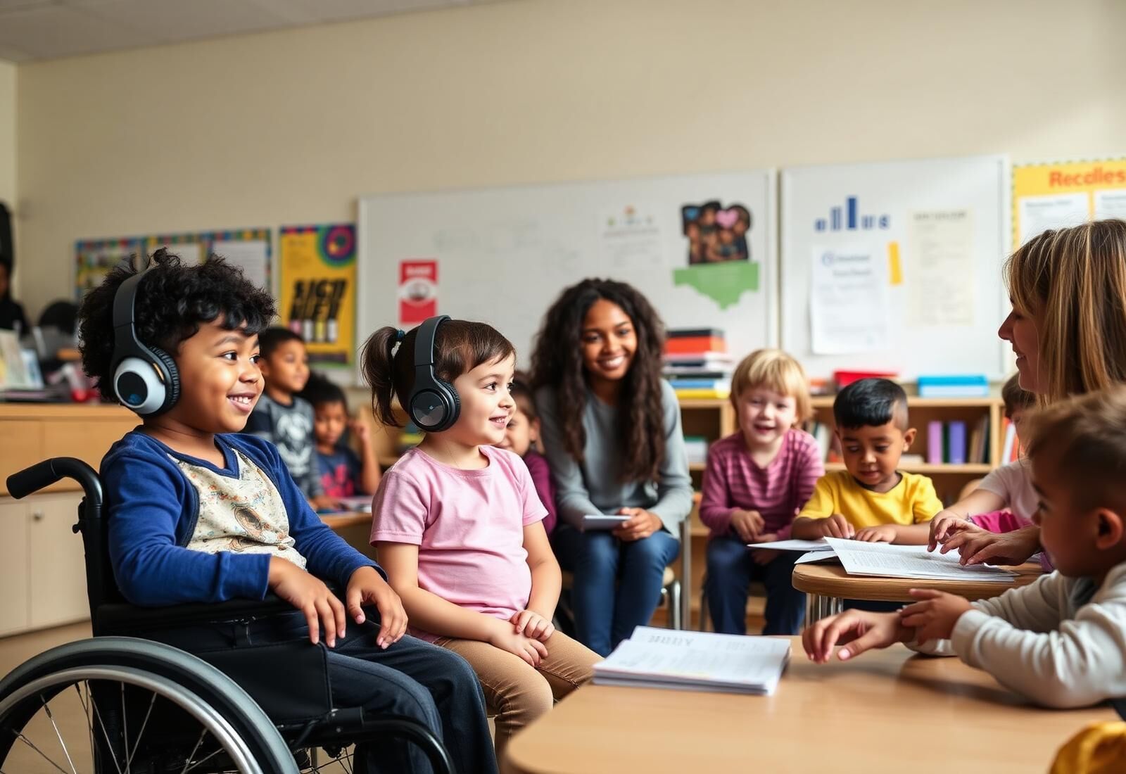 Sala de aula inclusiva com crianças diversas