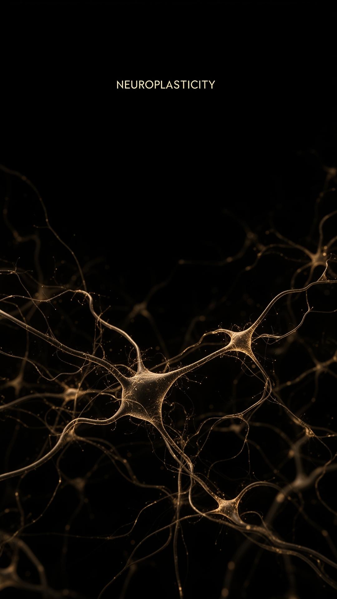 Composição editorial: neuroconexões douradas sobre fundo preto, evocando neuroplasticidade